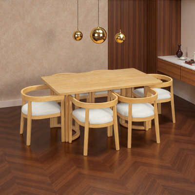 Ensemble de table de salle à manger 7 pièces pour 6 personnes, ensemble de table de cuisine rectangulaire avec 6 chaises rembourrées à dossier demi-tonneau, table de salle à manger grain de bois avec dossier incurvé et sièges rembourrés