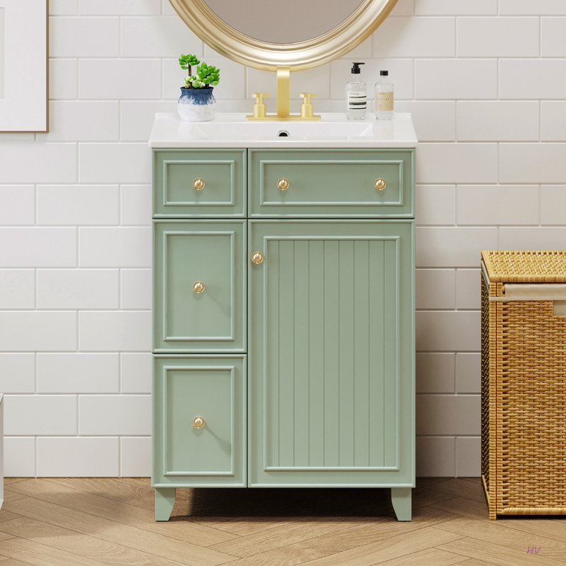Armoire de meuble-lavabo 24 po avec lavabo en céramique, 2 tiroirs, 1 porte, Vert/doré