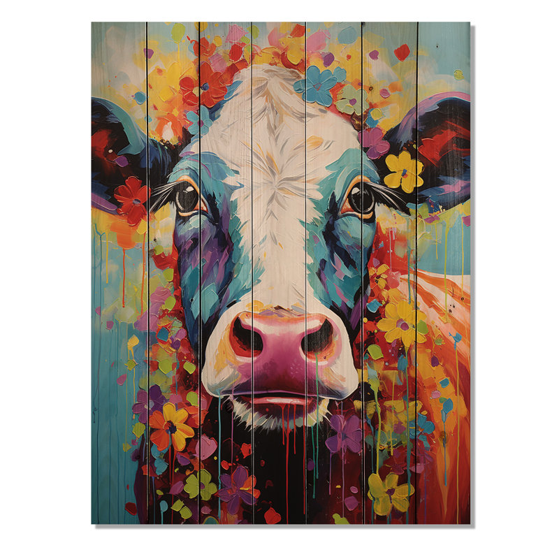 Vache fantaisie sur bois, H 40 po x l 30 po x P 0,78 po