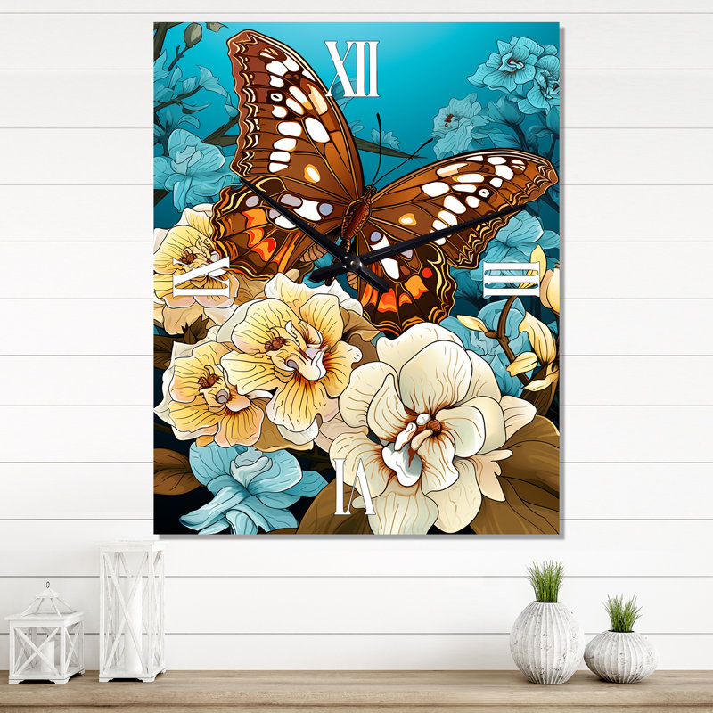 Gracieuse horloge murale papillon sur fond d'orchidées rétro IV, Petit