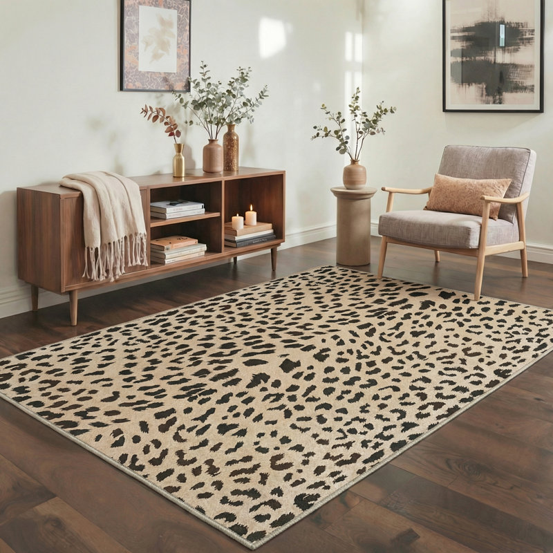 Tapis d'intérieur brun léopard Savanna, Rectangle 5 pi x 7 pi, Noir / Beige