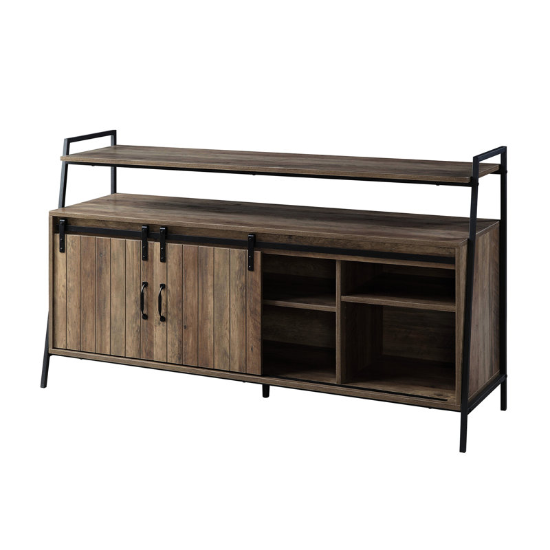 60-Inch Tv Stand With Rustic Oak And Black Metal Frame, Sliding Barn Door Storage, 6 Storage Sections, Suitable For 50 - 59 Inch Tvs In Living Spaces Doors, Finish Compartments, 1 Open Shelf, Ideal