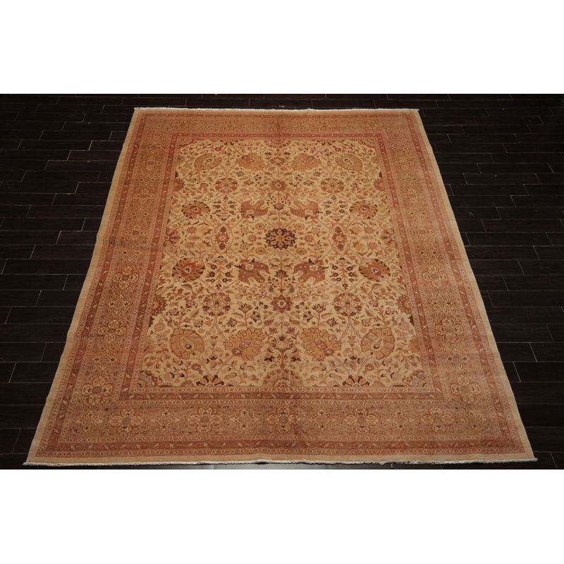 Tapis botanique traditionnel en laine noué à la main beige de 8 pi 9 po x 11 pi 8 po 250 KPSI