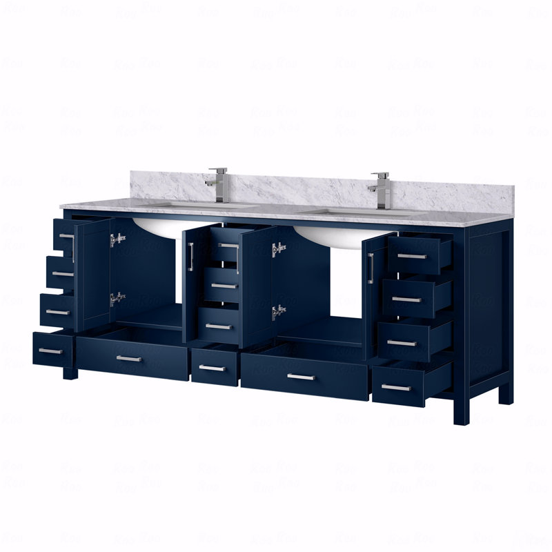 Ensemble de meuble-lavabo double double 84 po x 22 po avec plateau en marbre de Carrare et robinet, Bleu, 84"