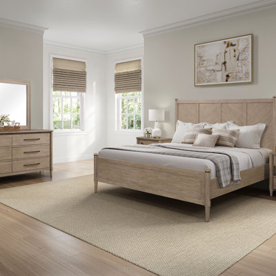 King Sized Lo-Post Bed With Herringbone Headboard And Sand Colored Finish, Perfect For Transitional Casual Design