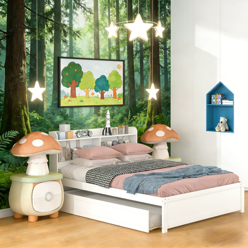 Full Size Solid Wood Standard Kids Bed With Bookcase Headboard & Twin Size Trundle, White