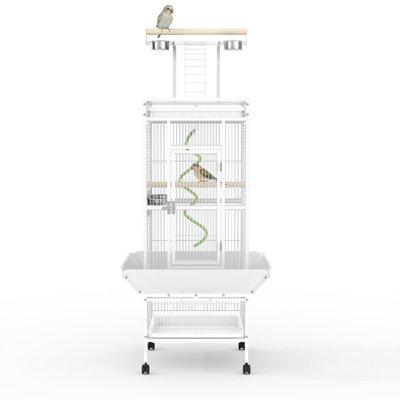60" H Wrought Iron Bird Cage with Playtop and Rope Perch, Rolling Large Indoor Parrot Cage with Lockable Casters for Parakeets, Cockatiels and Conures