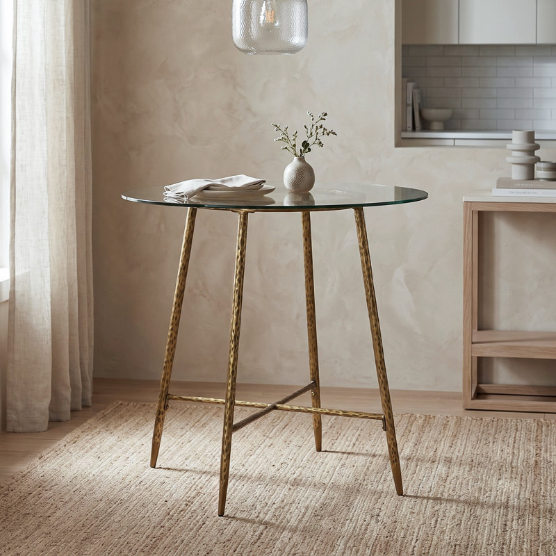 Table de salle à manger en acier forgé à hauteur de comptoir en verre trempé à hauteur de comptoir Lalia, Or mat
