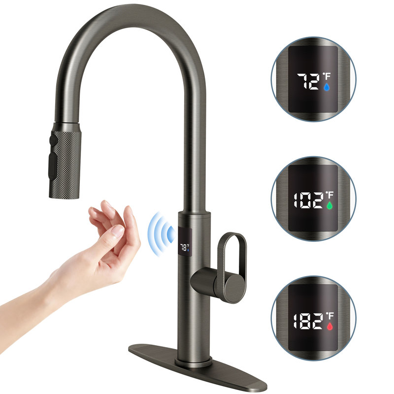 MASO Touchless Kitchen Faucet with Pull-Down Sprayer, Fahrenheit Temperature Display, 3 Spray Modes, 360° Swivel, Commercial Modern Faucet for RV, Farmhouse, Camper, Laundry & Bar,Brushed Gray