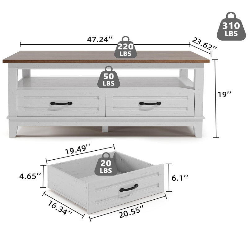 Table basse 47,24 "avec tiroirs Farmhouse, Blanc