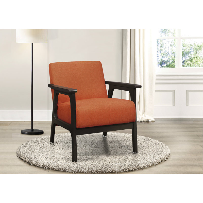 Fauteuil d'appoint recouvert de tissu orange, structure en bois massif gris antique, siège rembourré pour salon, bois, fini gris, chaise