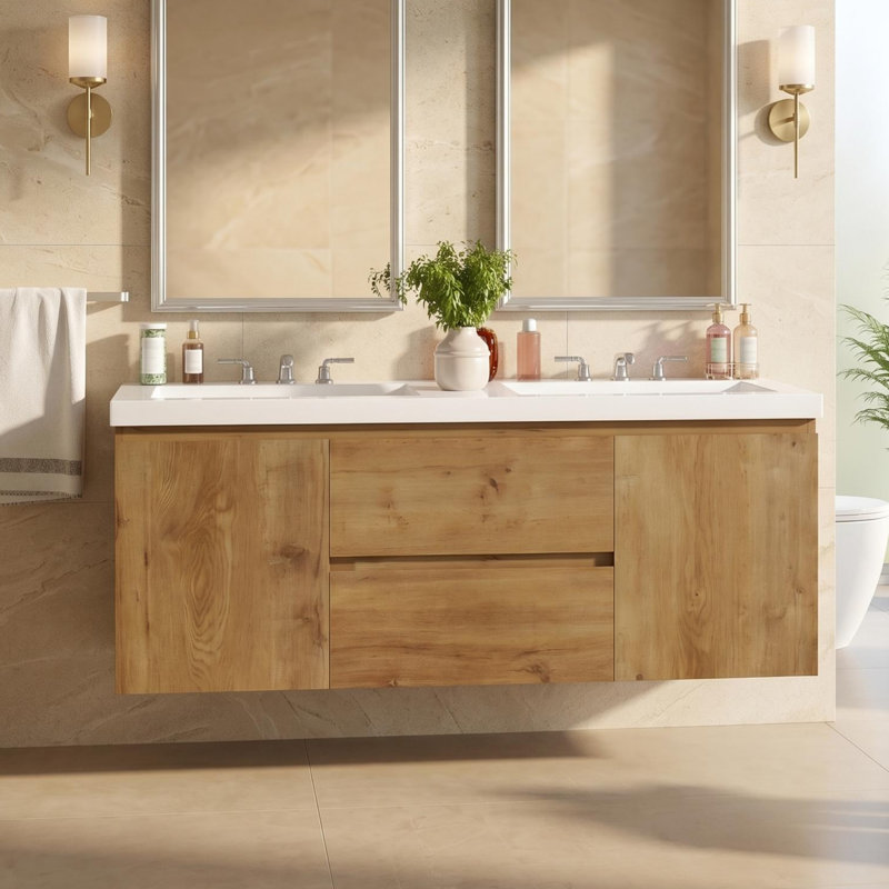 Meuble-lavabo à double cuve 60 po avec comptoir en bois massif, meuble-lavabo mural moderne pour grandes salles de bain