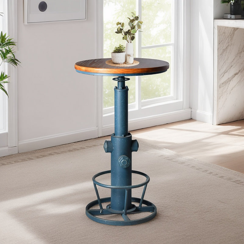 Industrial Bar Table 38.6"-44.5" Height Adjustable Swivel Round Wood Tabletop 23.6" Dia, Kitchen Dining Office Coffee Bistro Pub Table