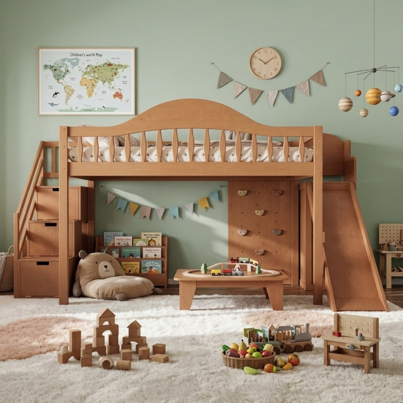 Lit mezzanine double en bois massif noyer avec glissade, escalier de rangement, armoire intégrée et barrière de sécurité pleine longueur pour enfants et adolescents