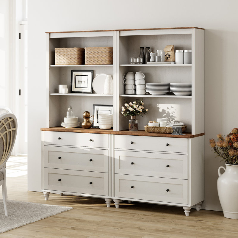 Garde-manger de style Mid-Century avec 6 tiroirs, armoire de rangement de style campagnard avec tablettes réglables pour la cuisine, le salon, la chambre à coucher, blanc