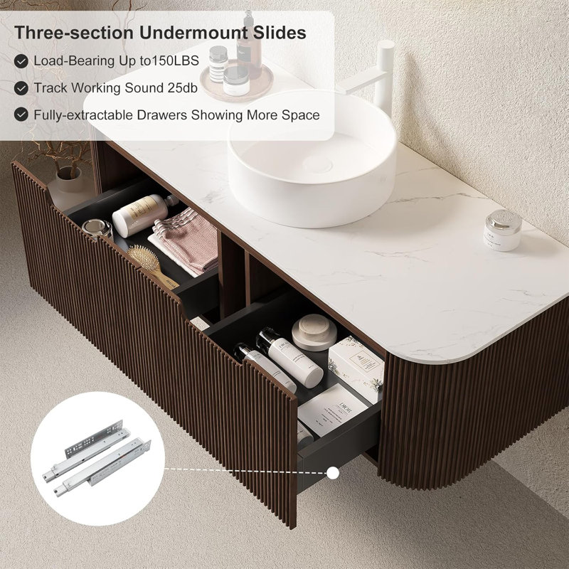 48" Bathroom Vanity with Sink, Ceramic Basins and Marble Top, 2 Large Storage Drawer,Pre-Assembly, Brown