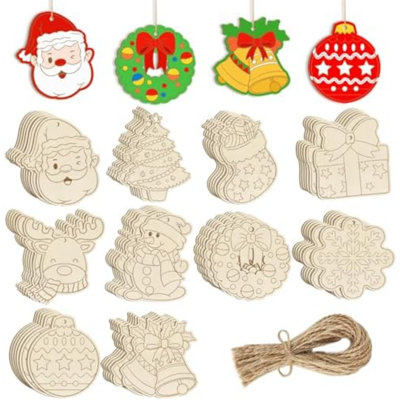 80 pièces d'ornements de Noël en bois à peindre, 10 styles de bricolage blanc, renne non fini, père Noël, boule de sapin de Noël, bonhomme de neige, flocon de neige, couronne, cadeau, bas de Noël, découpes, ornement pour l'artisanat