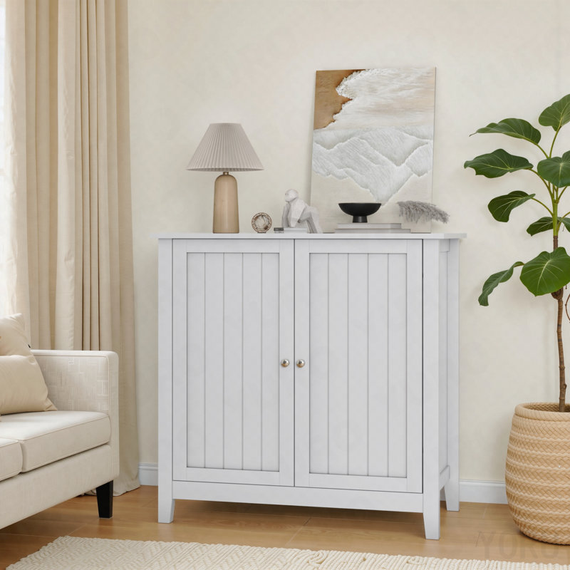 Armoire de rangement blanche à double porte, armoire de rangement autoportante moderne Mid-Century, armoire de rangement de salle de bain avec boutons argentés pour le salon, la cuisine, la salle de bain, le couloir