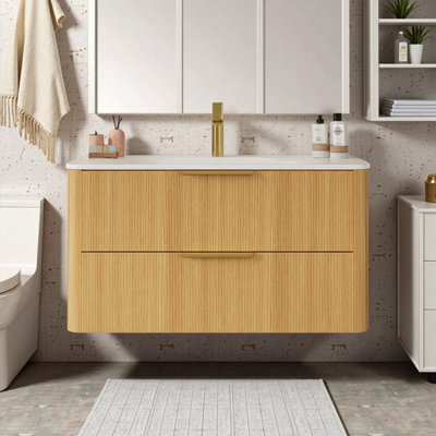 Meuble-lavabo de 36 po Fluid Elegance | Bassin en pierre frittée pressée à chaud et rangement flottant à grille mince | Conception pré-assemblée