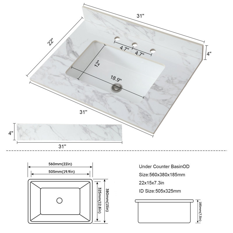 Plateau de meuble-lavabo avec lavabo rectangulaire encastré en céramique, trois trous de robinet