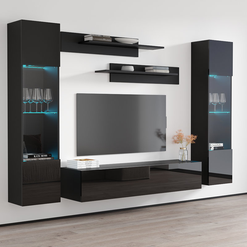 Volz 100" Modern Floating Wall Mounted Entertainment Center with 16-Color LED Lighting, High Gloss Finish, Black