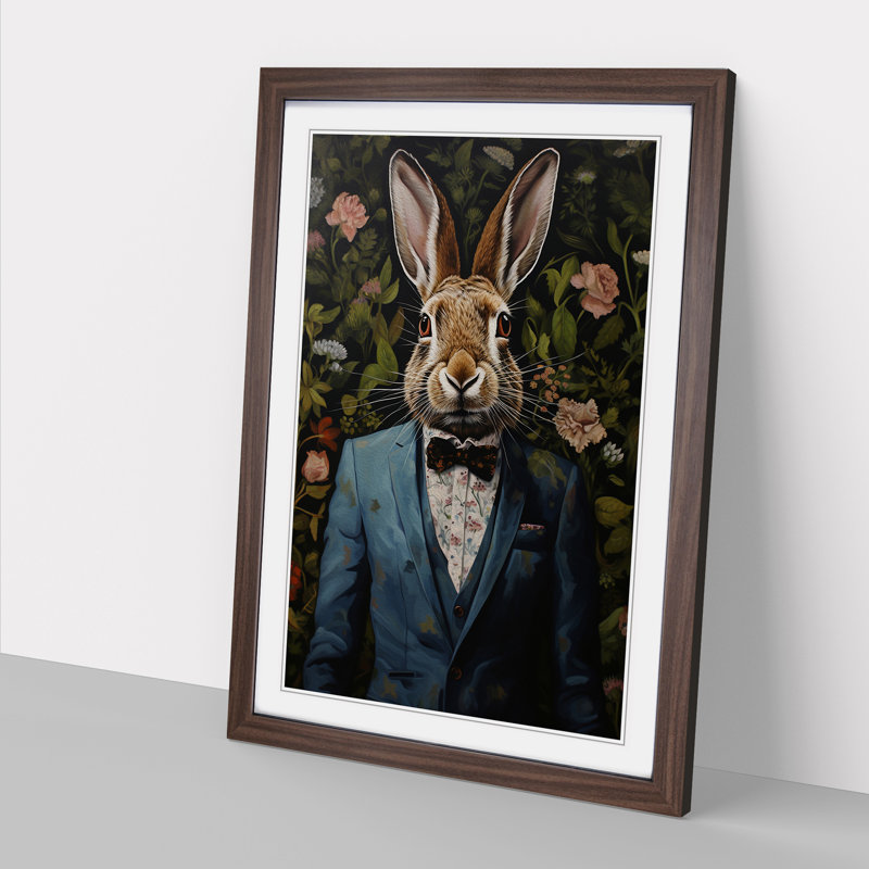 Hare In A Suit Painting No.4 - Single Picture Frame Print on Wood, Walnut Framed, 64cm H x 46cm W x 2cm D