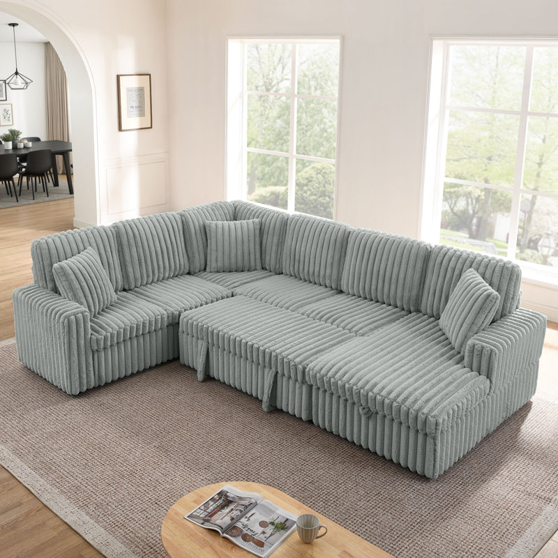 Corduroy U-Shaped Sofa with Pull-Out Bed & Storage Chaise, Gray Corduroy
