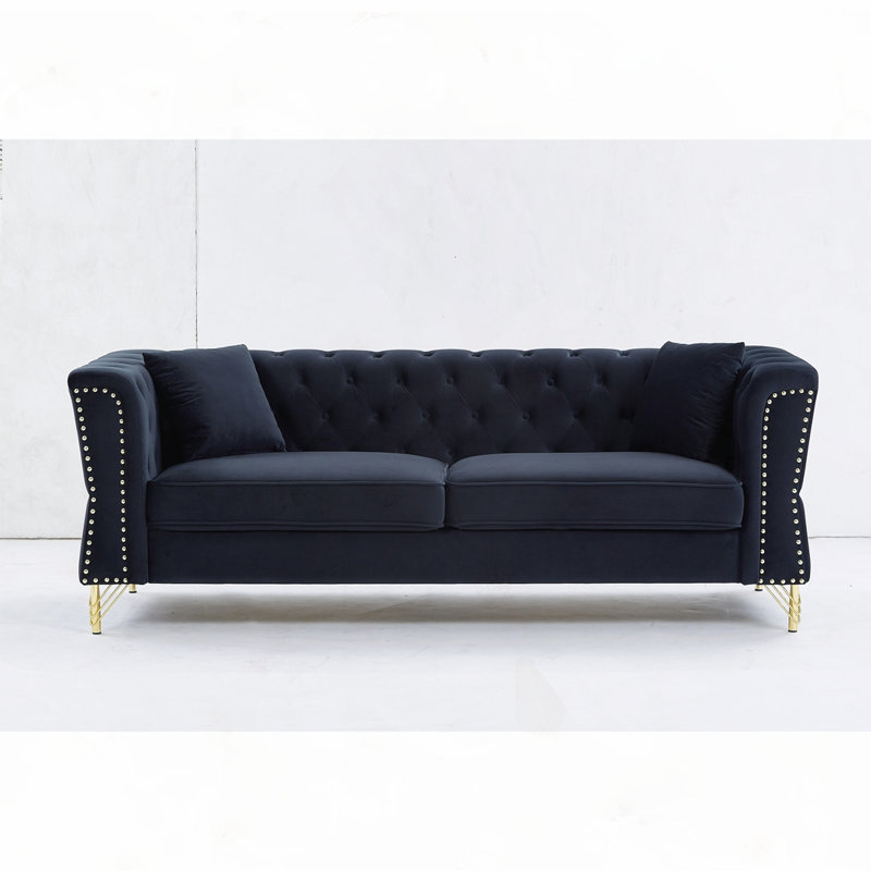 Canapé en velours capitonné, Noir, H 29,5 po x l 81,8 po x P 31,8 po