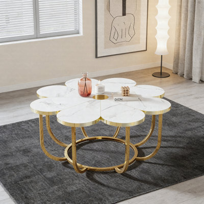 Modern Flower-Shaped Coffee Table, Faux Marble Accent Center Table With Gold Metal Frame