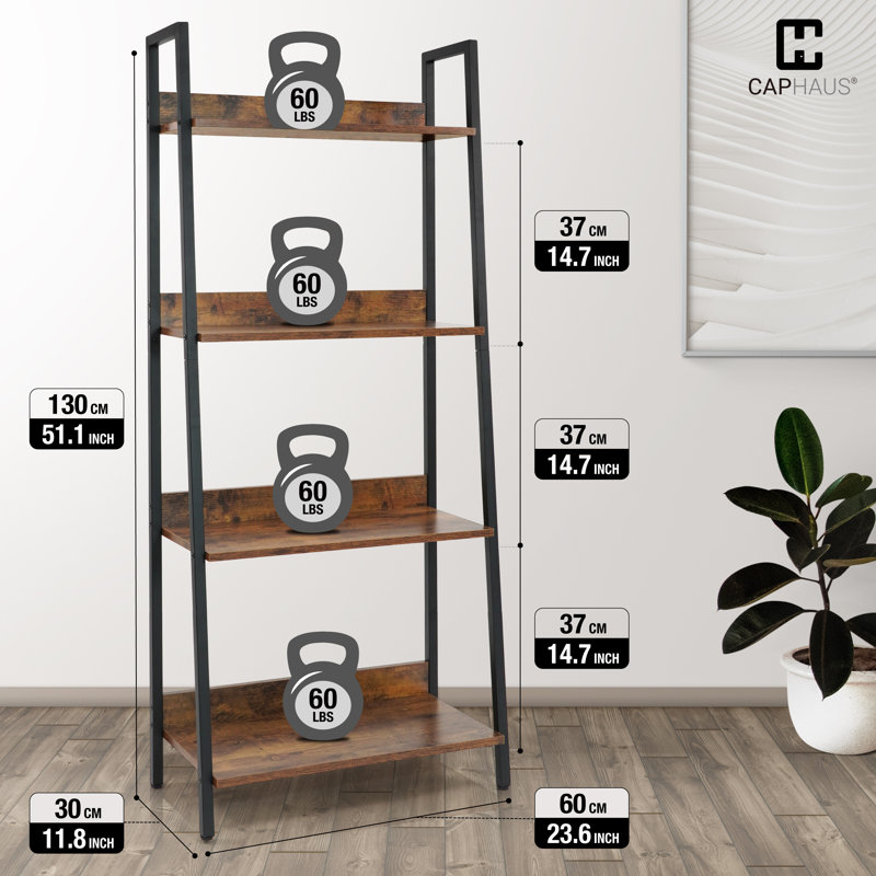 4 Tier Ladder Bookshelf, Bookcase Shelf Storage Rack Organizer, Rustic Oak, Rustic Oak/Matte Black