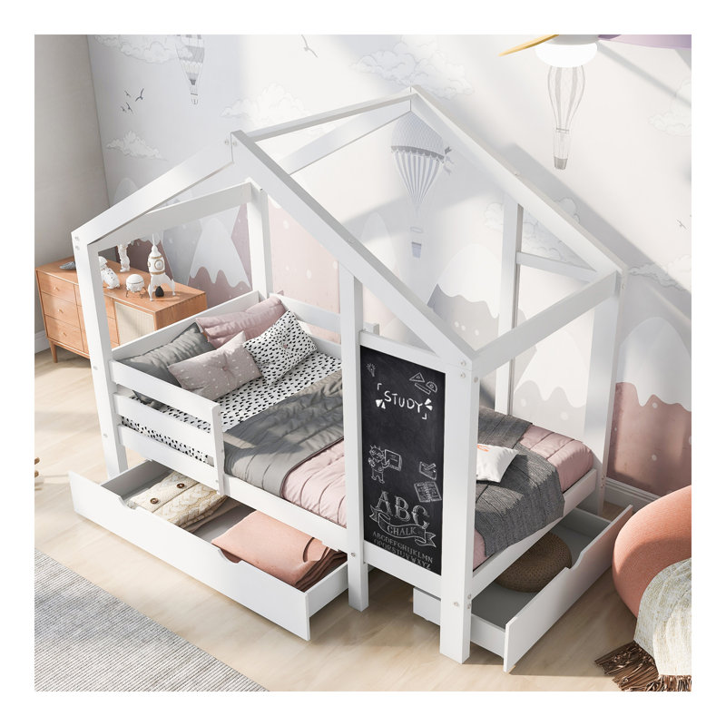 Lit double avec tableau noir et tiroirs, deux options d'assemblage, blanc