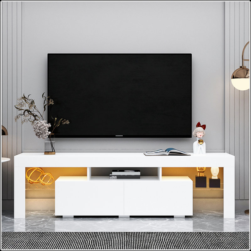 Meuble télé moderne blanc, 20 lumières DEL avec télécommande, Blanc