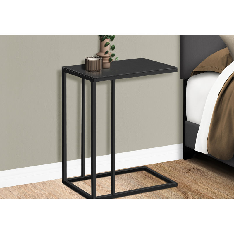 Table d'appoint, en forme de C, bout, côté, collation, salon, chambre à coucher, verre trempé noir, métal noir, contemporain, moderne