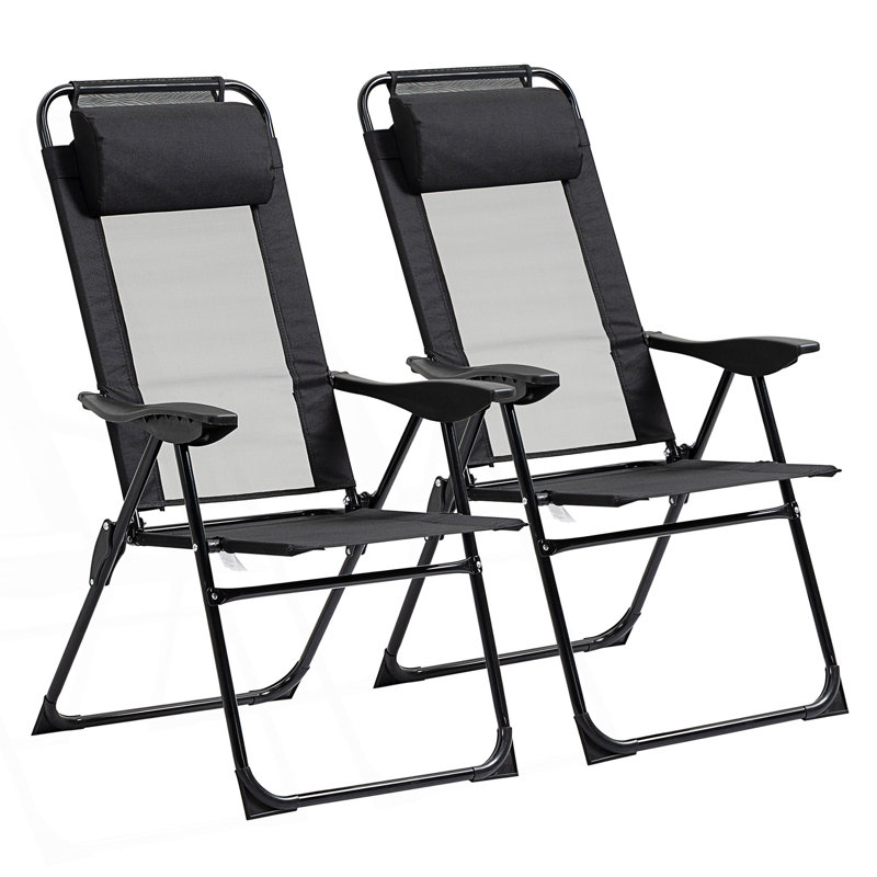 Set Of 2 Folding Patio Chairs, Outdoor Deck Chair With Adjustable Sling Back, Black