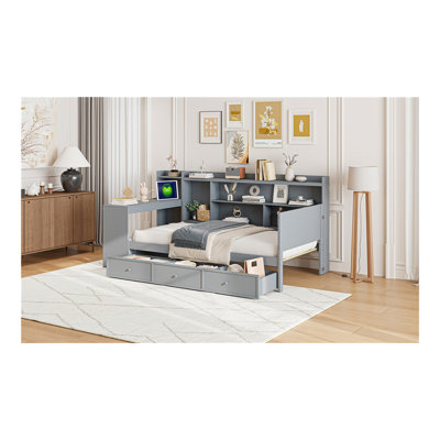 Lit de jour simple en bois avec 3 tiroirs, ports USB et bureau, gris