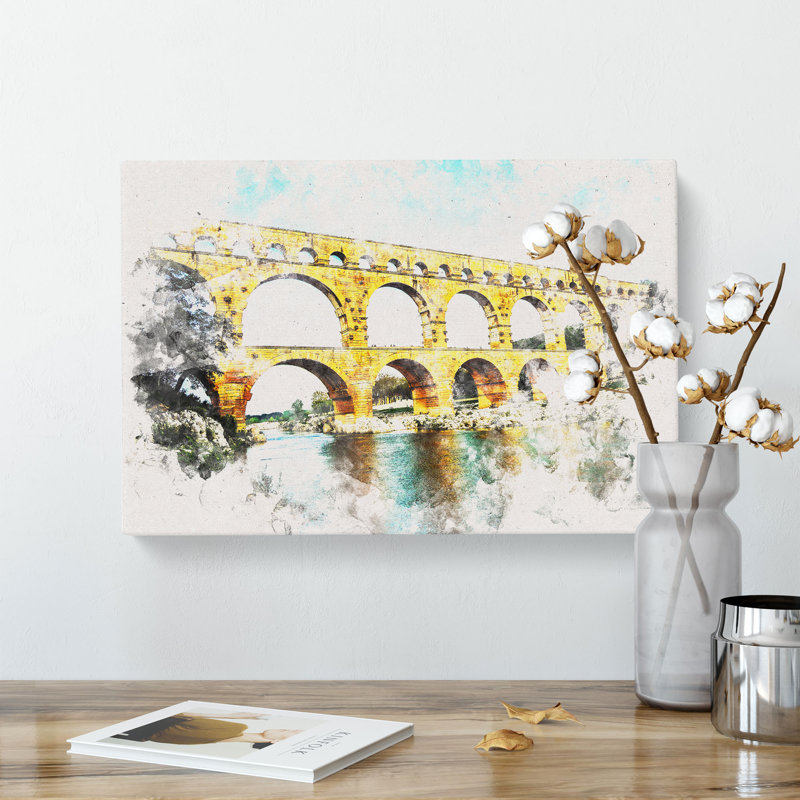Pont Du Gard Bridge In France Watercolour - Wrapped Canvas Print, 40cm H x 60cm W x 3cm D