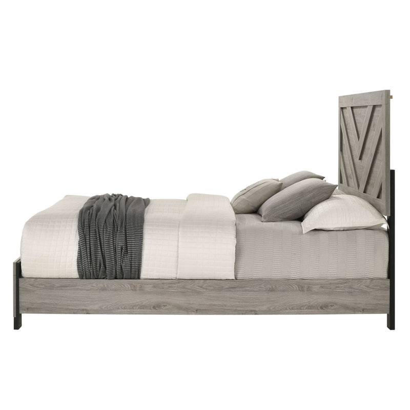 Grand lit gris avec structure à 4 et 4 pieds, qualité du bois, matelas de 8 po recommandé, capacité de charge de 220 lb