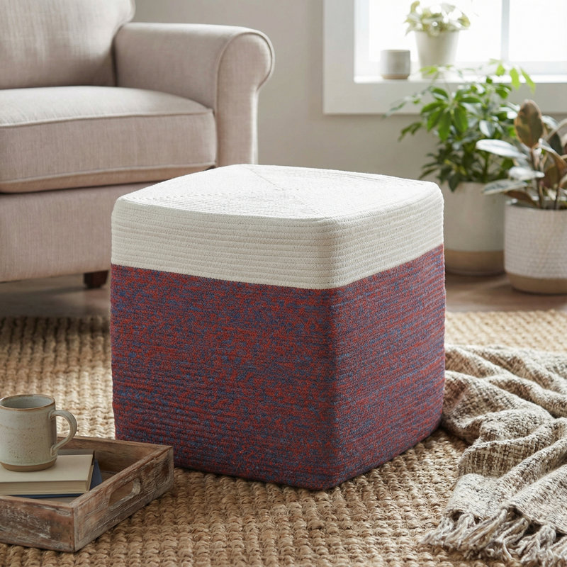 Aspenson Upholstered Pouf, Red/White Polyester Blend