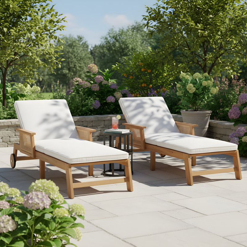 Bykes Patio 3-Piece Acacia Wood Sunlounge With Wicker Panels & Ceramic Tile Side Table Set, 2