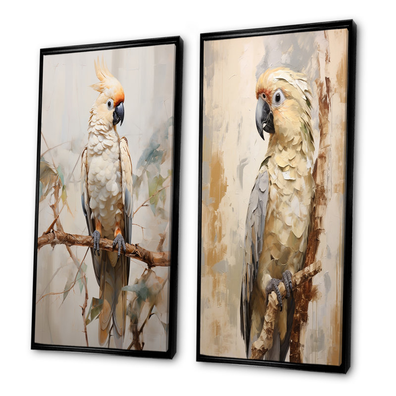 Beige perroquet élégance à plumes - ensemble de salon art mural perroquet de 2, Cadre noir, H 40 po x l 41 po