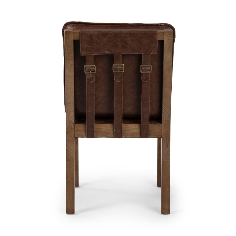 Wautoma Linen Upholstered Dining Chair in Beige, Brown Genuine Leather