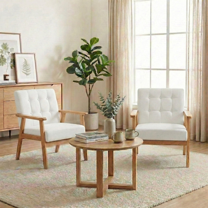 Nordic Style Solid Wood Upholstered Armchair, White