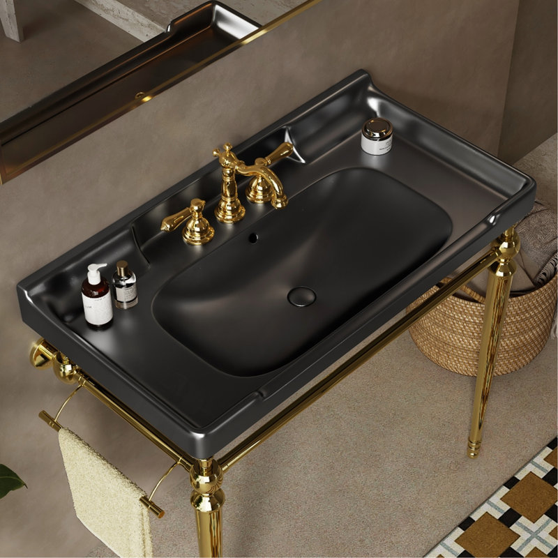 36" Bathroom Ceramic Basin with 3 pre-drilled hole, NO Cabinet and Faucet, Black, Black