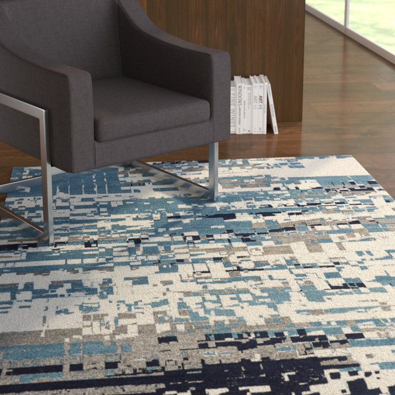 Tapis bleu en coton tissé à la main Kala, Rectangle 8 pi 6 po x 11 pi 6 po