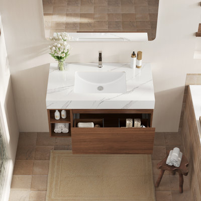 Meuble-lavabo flottant mural de 36 po, armoire en bois de noyer massif avec rangement latéral ouvert, comptoir en pierre frittée blanche avec lavabo en céramique encastré, meuble-lavabo simple Mid-Century moderne pour salle de bain et salle d'eau