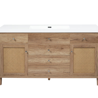 Meuble-lavabo de 60 po avec lavabo, tiroirs à fermeture en douceur, façade respirante et support de pieds en pin 60 po