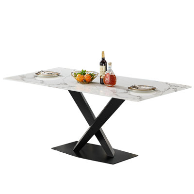 70inch Marble Dining Table, Luxurious 70" Kitchen Table with Printed Marble Tabletop and X-Shape Carbon Steel Pedestal, Modern Kitchen Dining Room Table for 8
