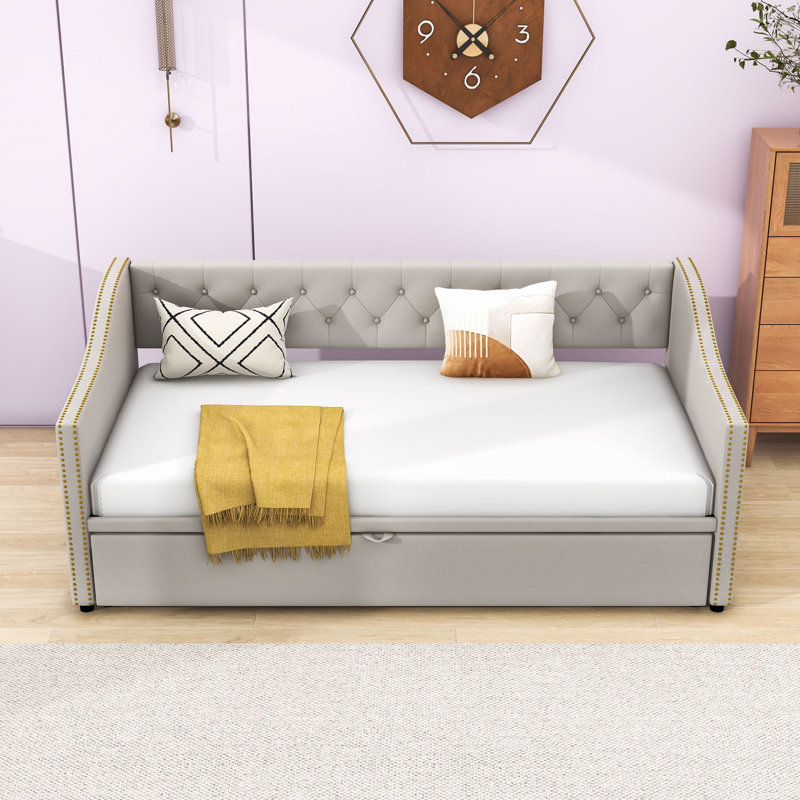 Lit de jour simple en velours rembourré avec couchette escamotable, avec dossier doux, Gris