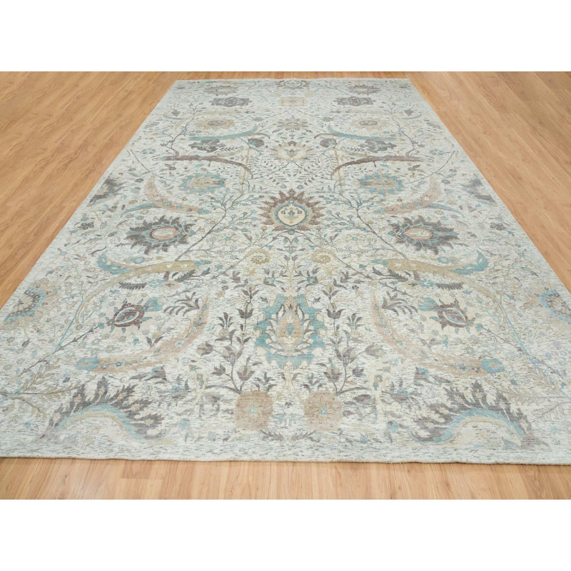Tapis ivoire en laine noué à la main de conception unique 12 pi 1 po x 18 pi New Age Pittview