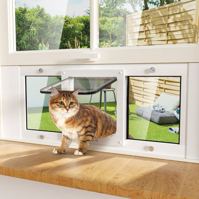 Porte de fenêtre en aluminium pour chat pour animaux de compagnie - Insertion de porte de chat horizontale, réglable pour s'adapter à une largeur de fenêtre de 31 po à 36 po, porte de fenêtre pour chat résistante aux intempéries avec 4 modes de verrouillage, fermeture magnétique, sans perceuse